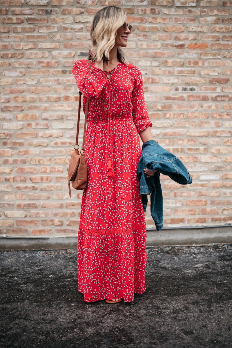 Spring trends: floral maxi, denim jacket,sandals, crossbody bag