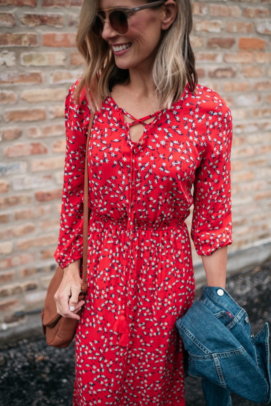 Spring trends: floral maxi, denim jacket,sandals, crossbody bag