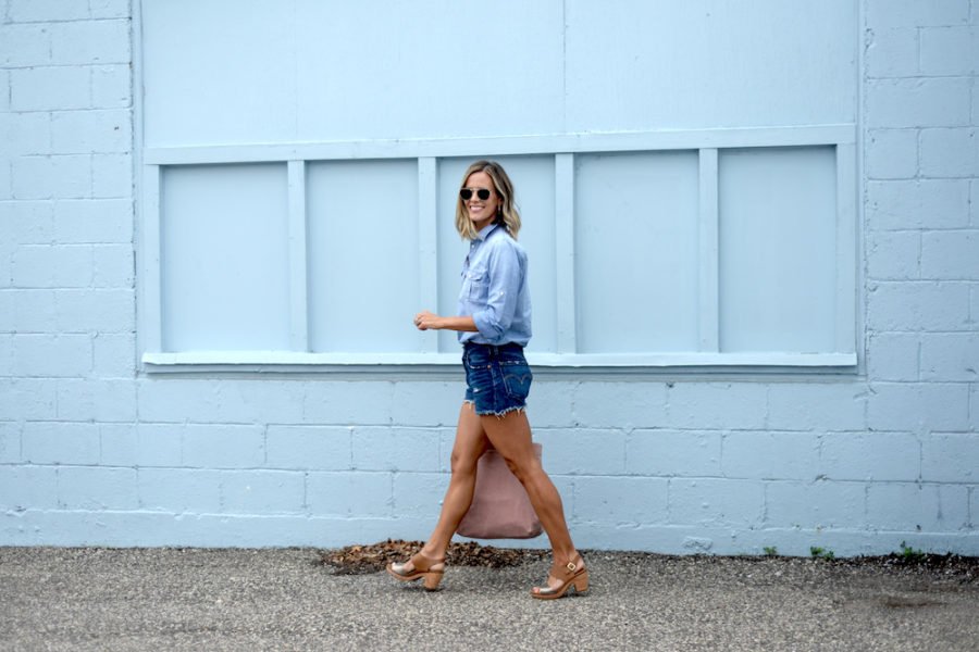Denim on denim, sandals, tote, sunglasses