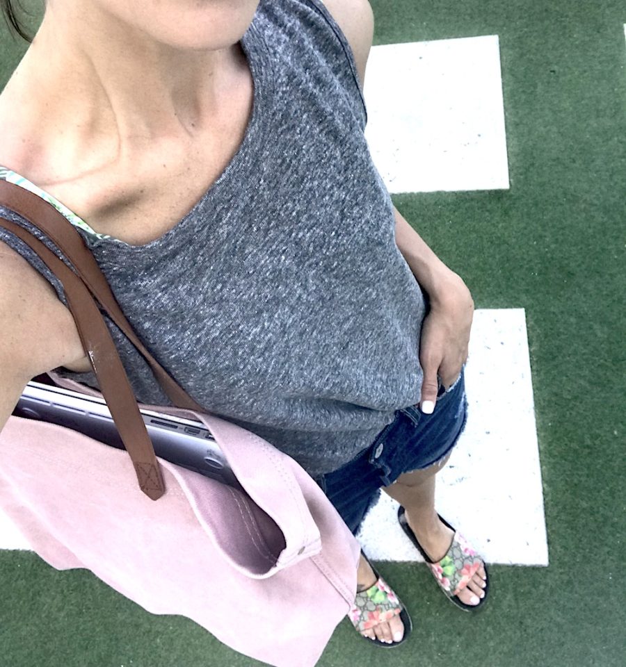 Tank, denim shorts, tote, and slides