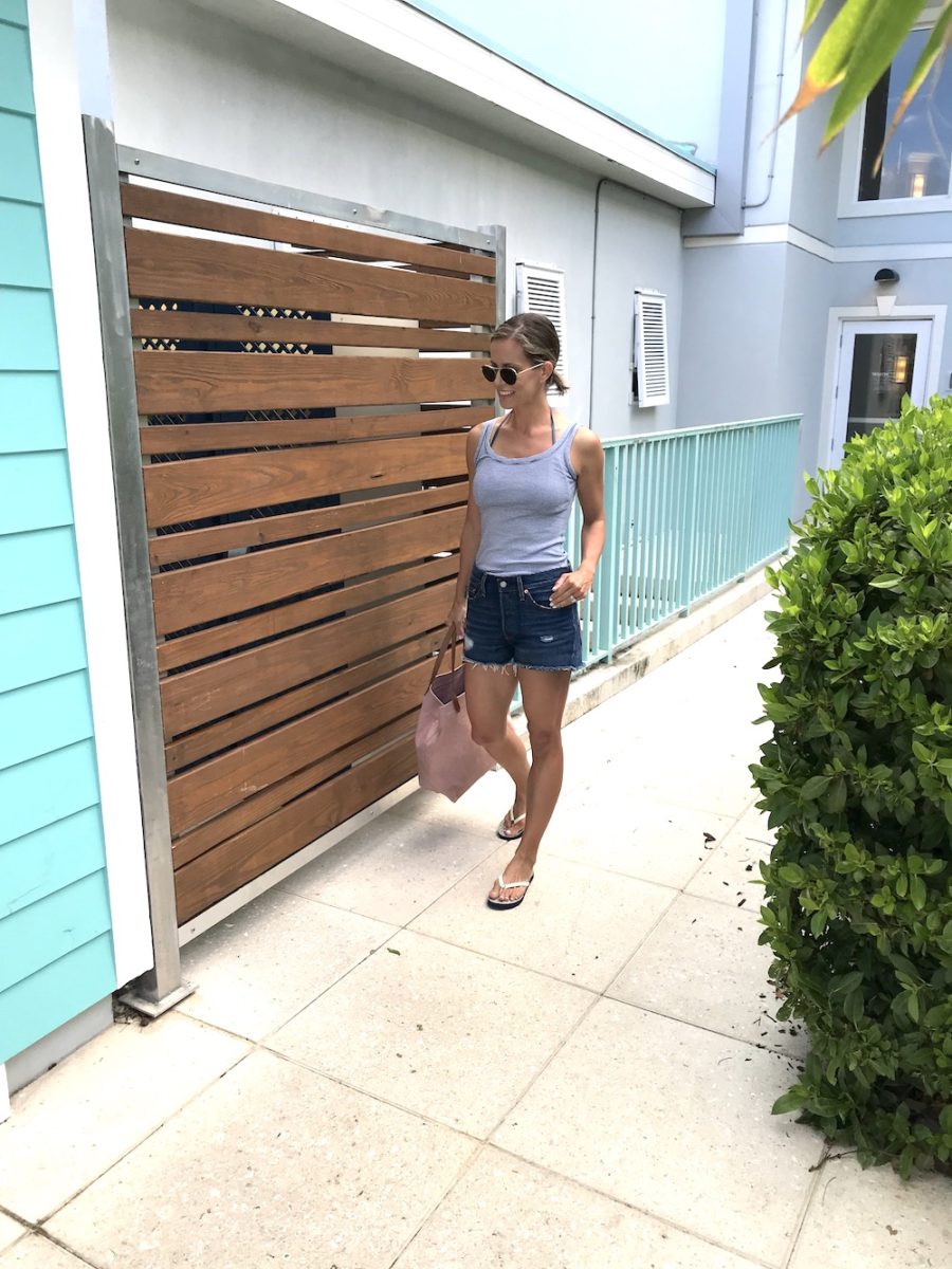 Tank, denim, tote, and sandals