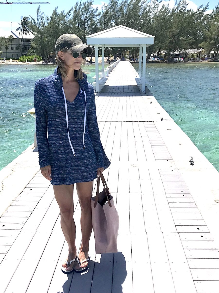 Swim cover up, flip flops, and tote