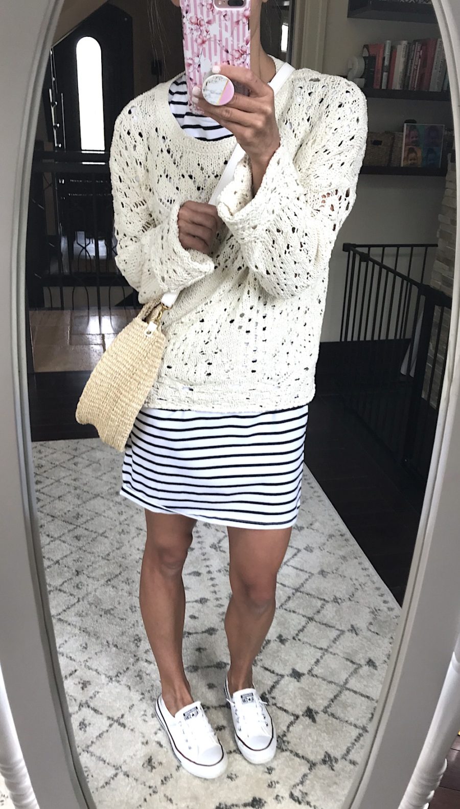 Outfit remix, stripe dress, sweater, sneakers