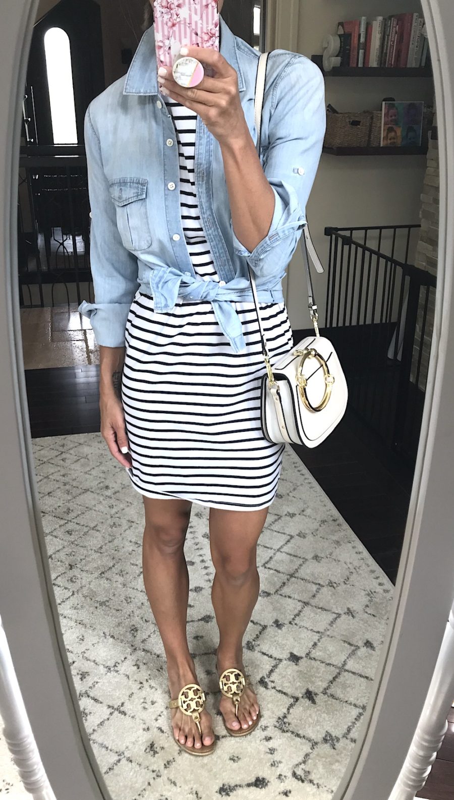 Outfit remix, stripe dress, denim shirt, sandals