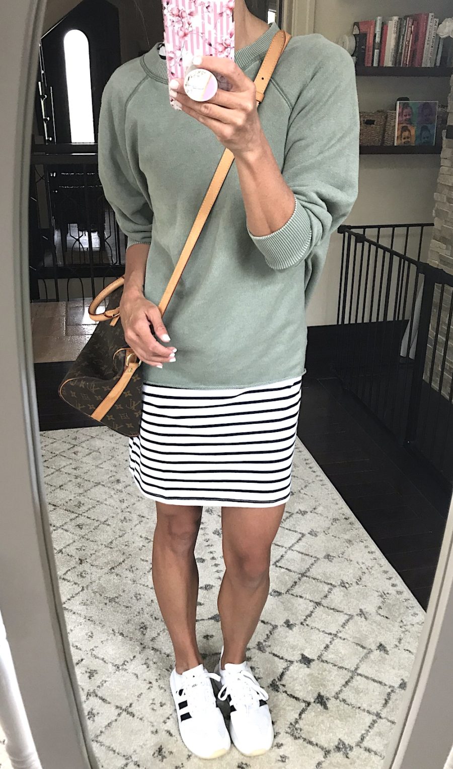 Outfit remix, stripe dress, pullover, sneakers