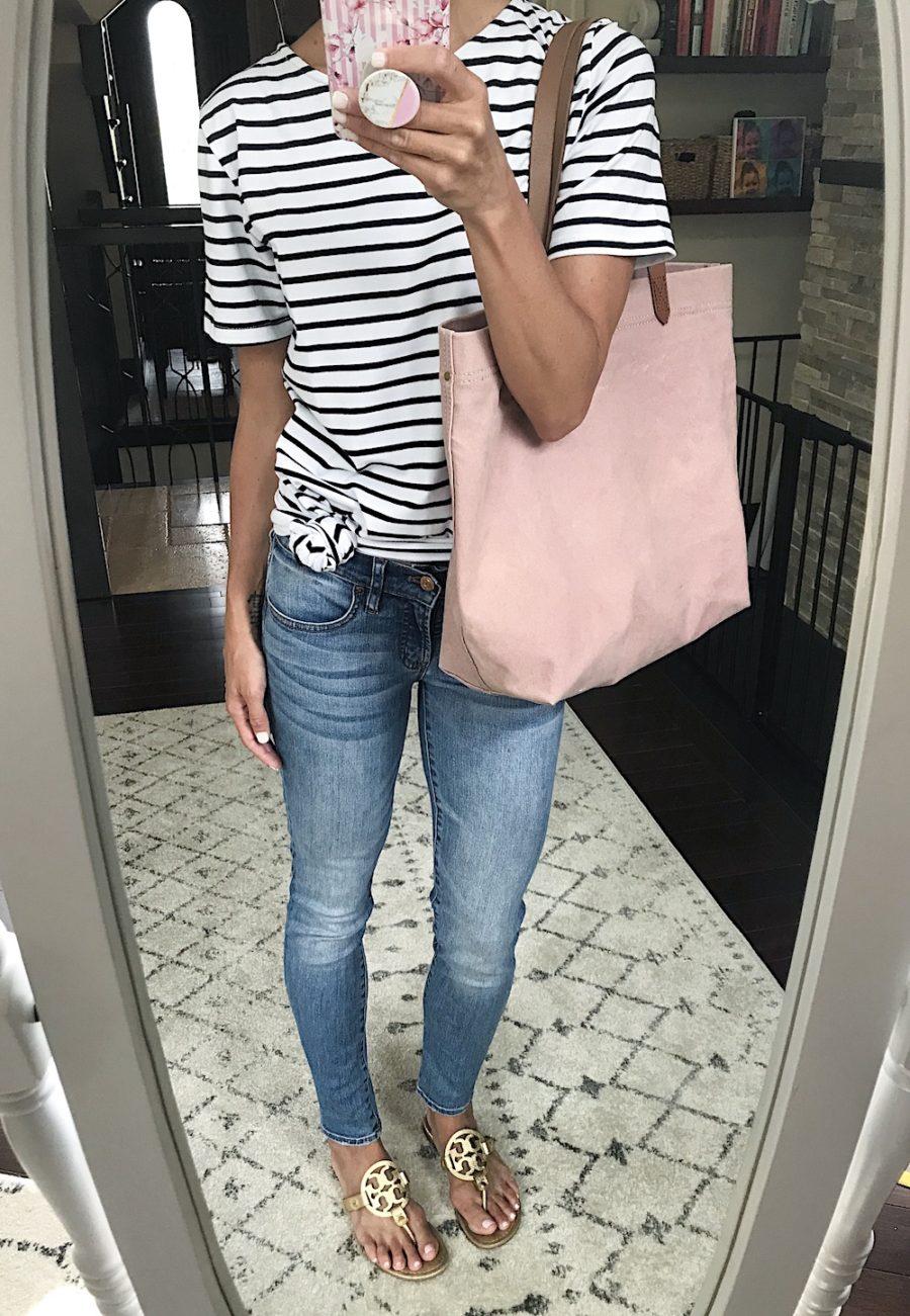 Outfit remix, stripe dress, jeans, tote