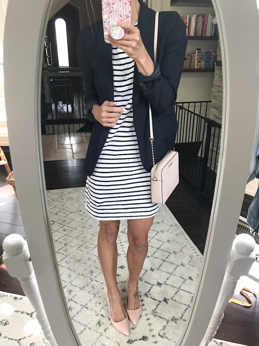 Outfit remix, stripe dress, blazer, pumps