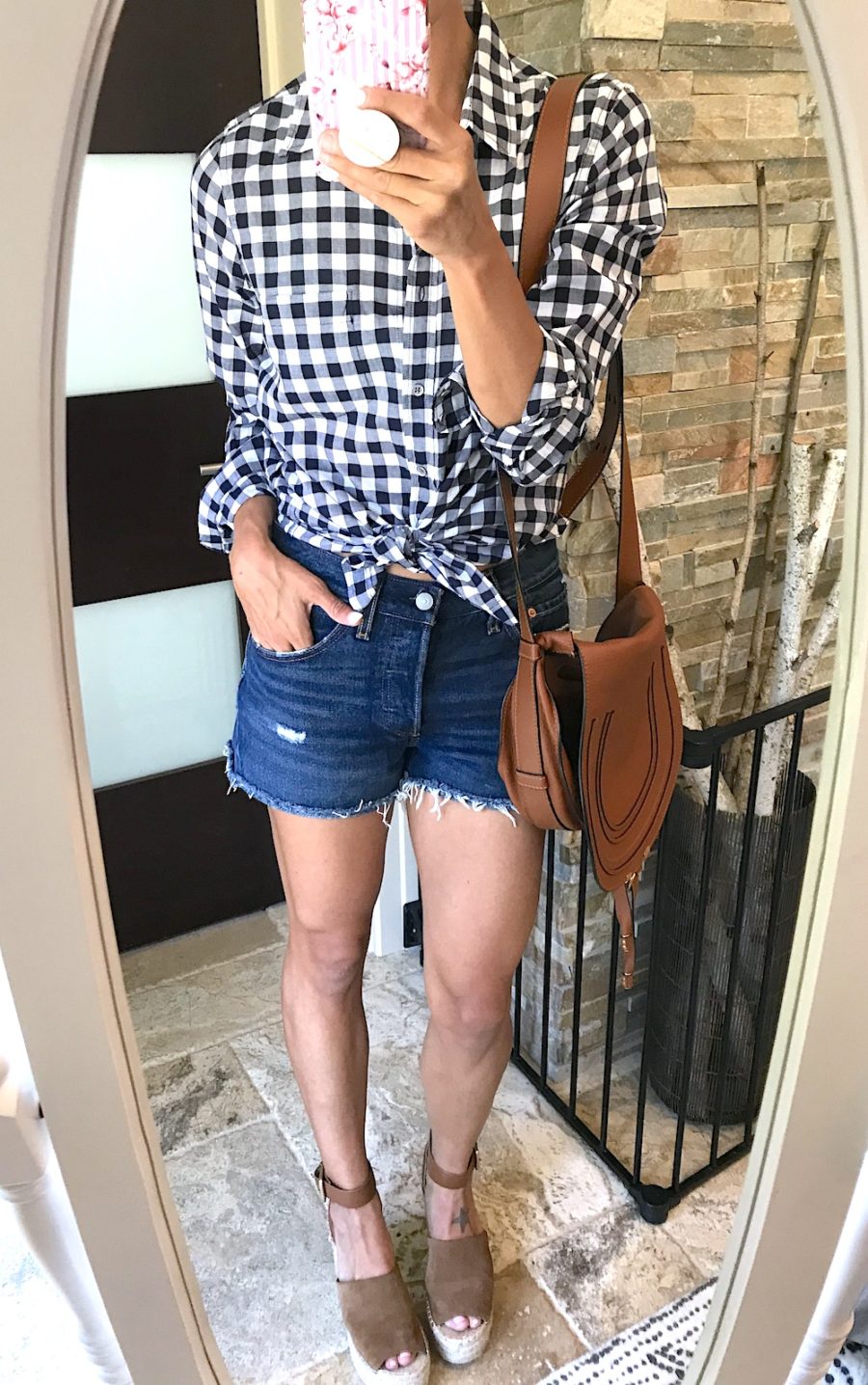 Gingham shirt, denim shorts, Chloe bag, espadrilles