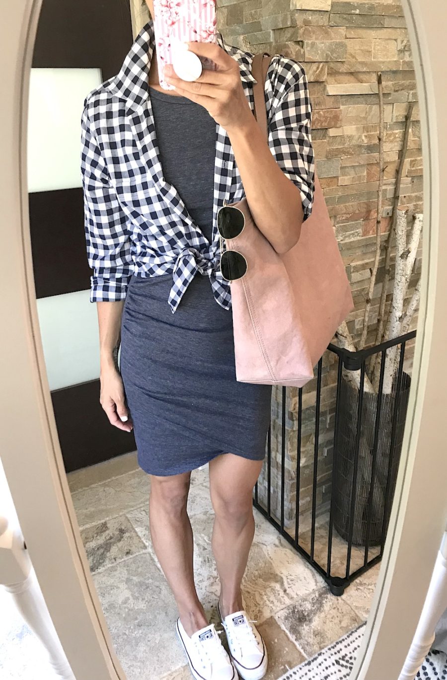 Tank dress, gingham shirt, Converse, tote