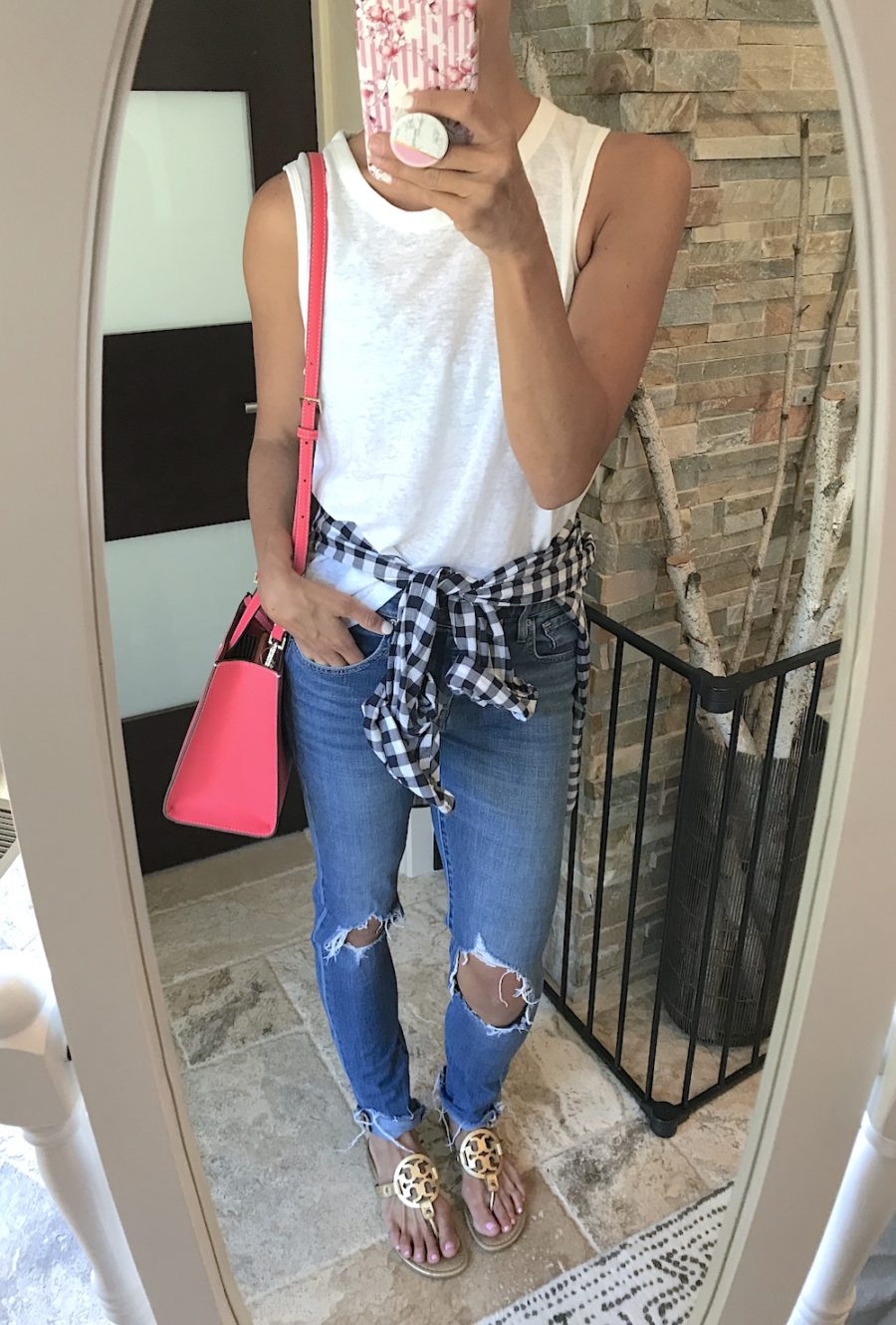 White tank, gingham shirt, denim, pink tote, sandals