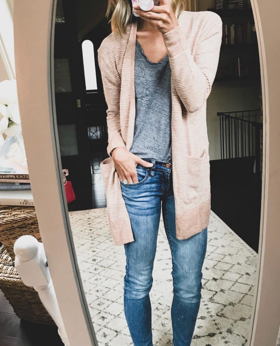 Grey tee, cardigan, denim