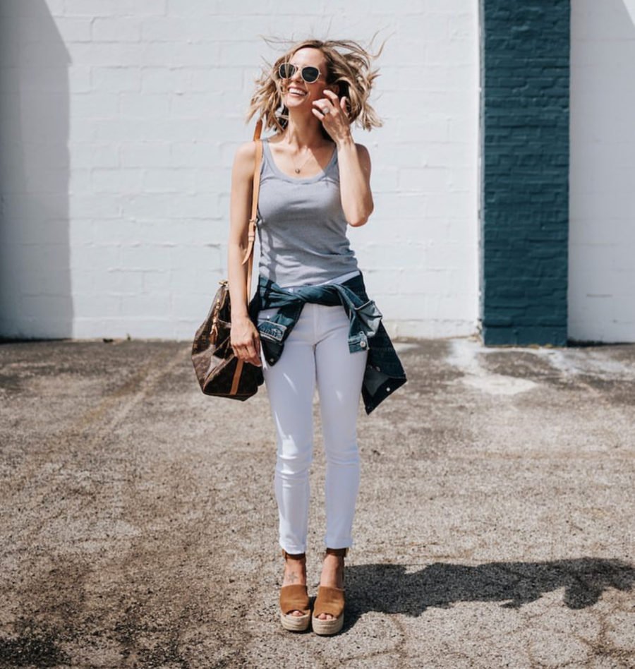 White denim, grey tank, denim jacket, espadrilles, Louis Vuitton bag