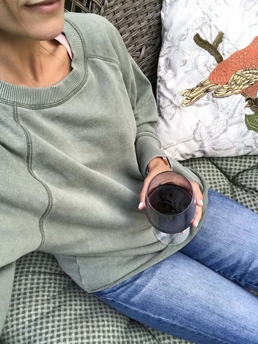 Sweatshirt, denim, and coffee