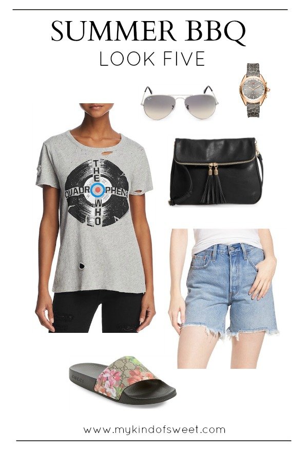 Summer BBQ outfit ideas, graphic tee, denim shorts, slides