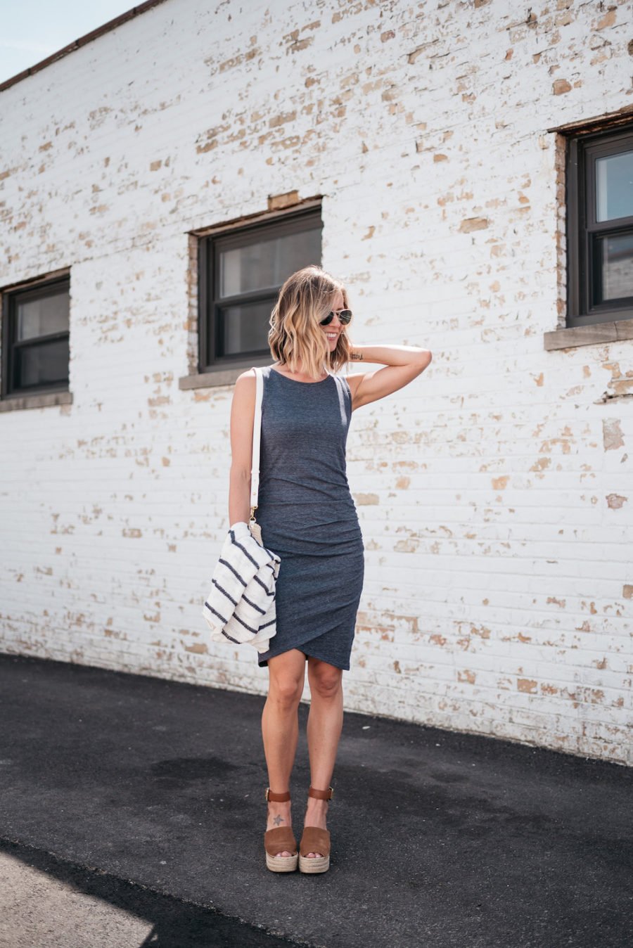 Striped sweater, tank dress, espadrilles, straw tote