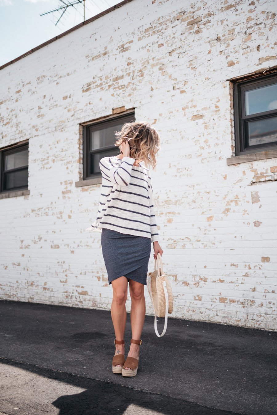 Striped sweater, tank dress, espadrilles, straw tote