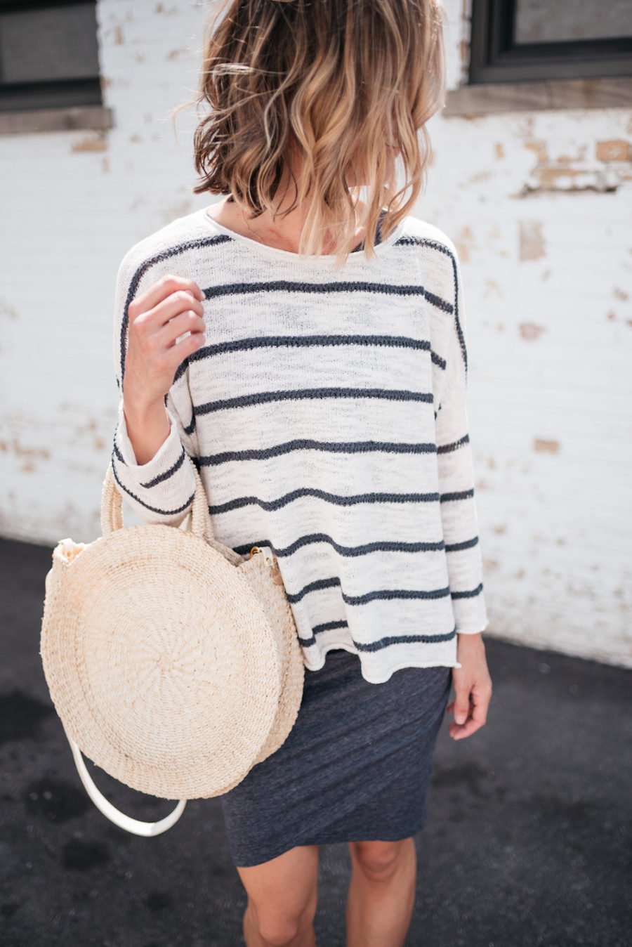 Striped sweater, tank dress, espadrilles, straw tote