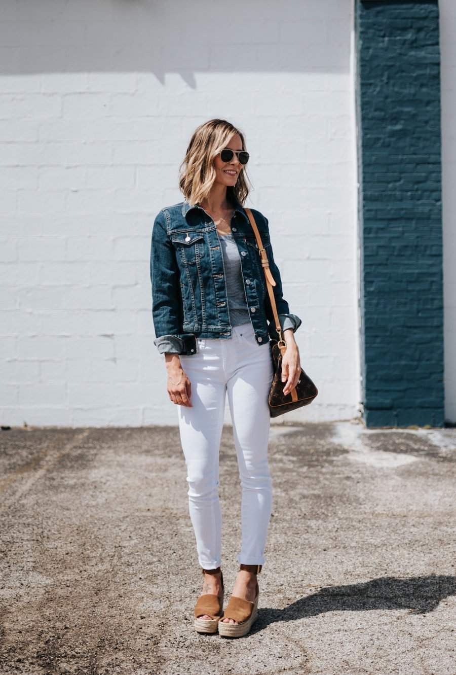 White jeans, striped tank, espadrilles, denim jacket, Louis Vuitton bag, sunglasses