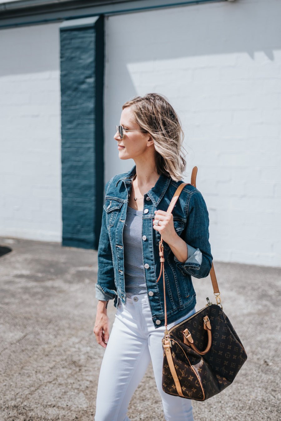 White jeans, striped tank, espadrilles, denim jacket, Louis Vuitton bag, sunglasses