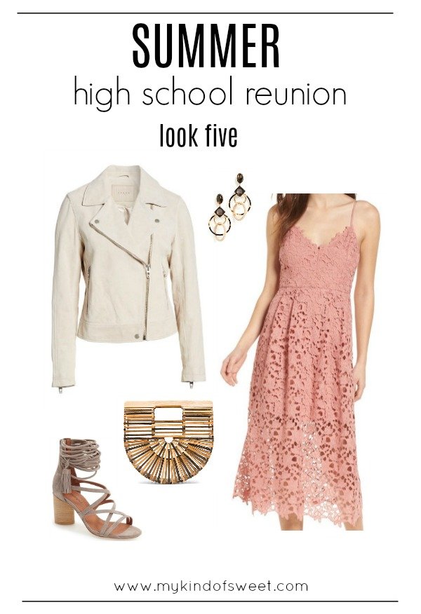 summer high school reunion outfit ideas, lace dress, moto jacket, heels