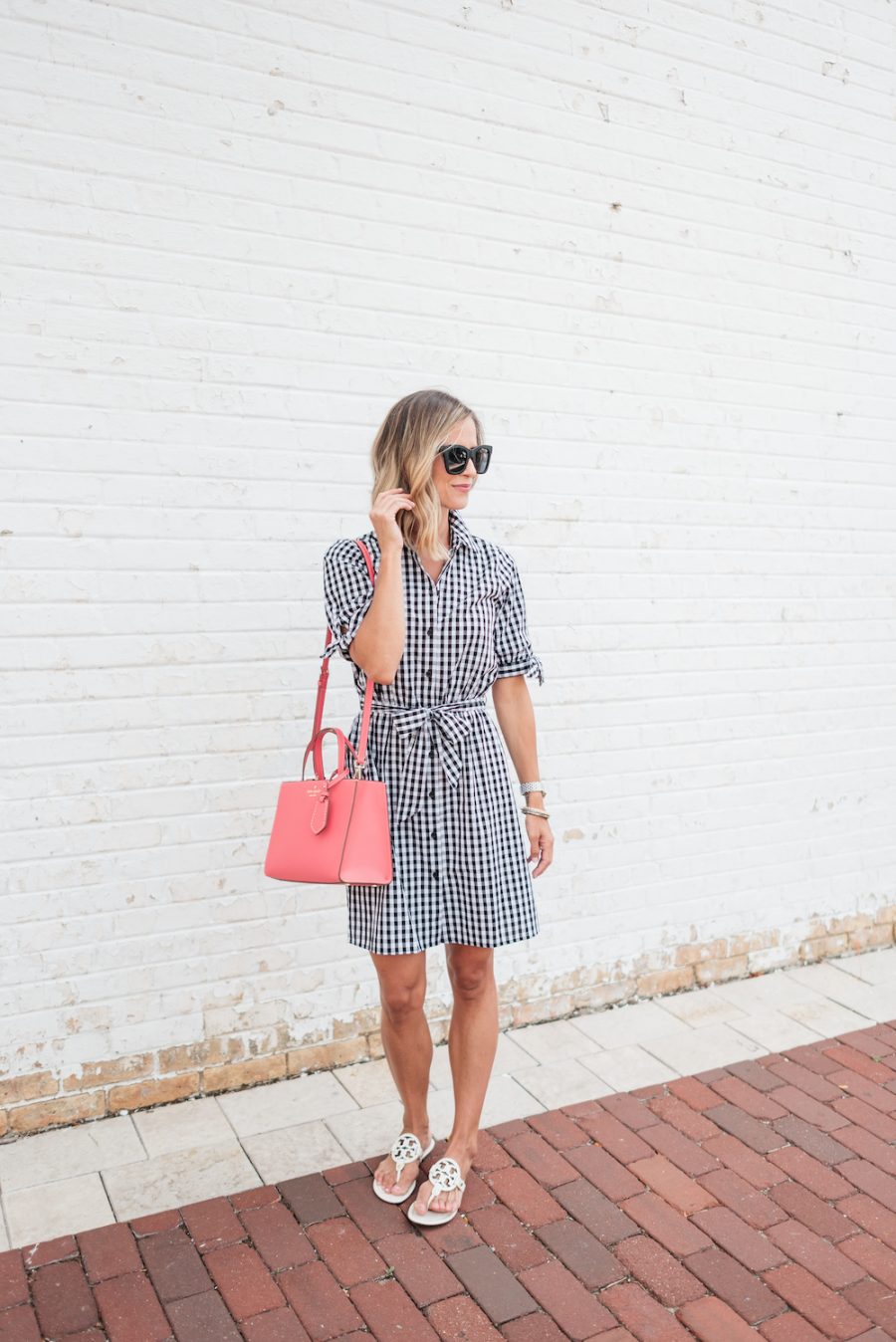 Gingham dress, sandals, sunglasses, and Kate Spade handbag