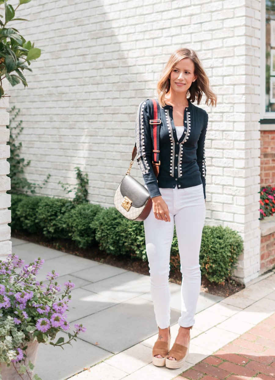 White denim, cardigan, espadrilles, and cross body bag