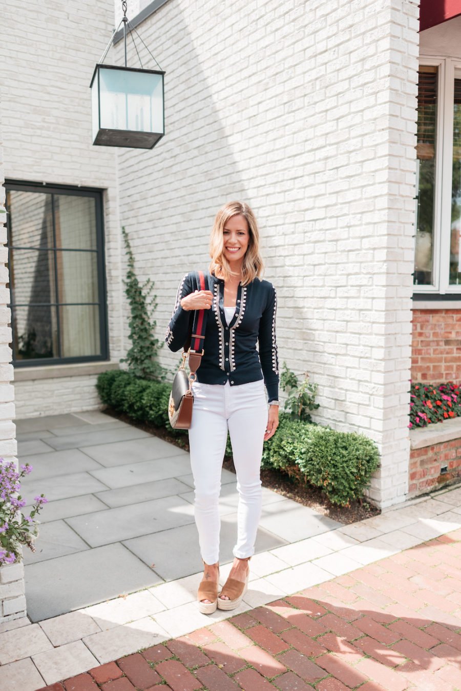 White denim, cardigan, espadrilles, and cross body bag