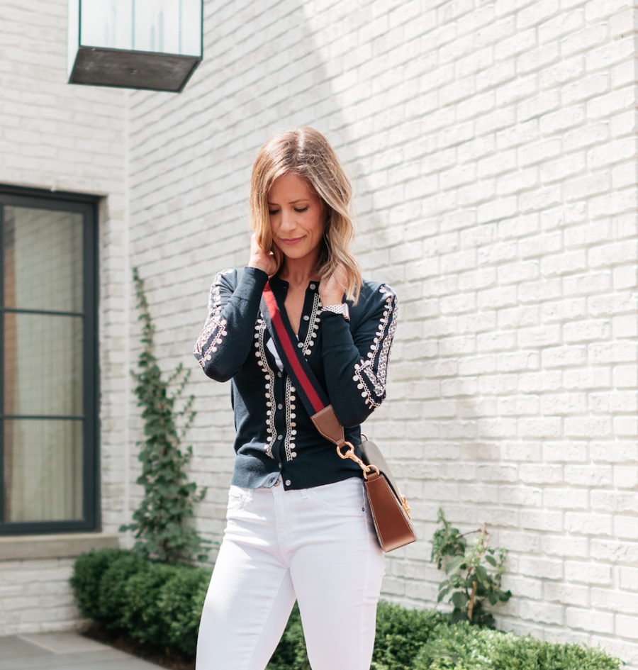 White denim, cardigan, espadrilles, and cross body bag