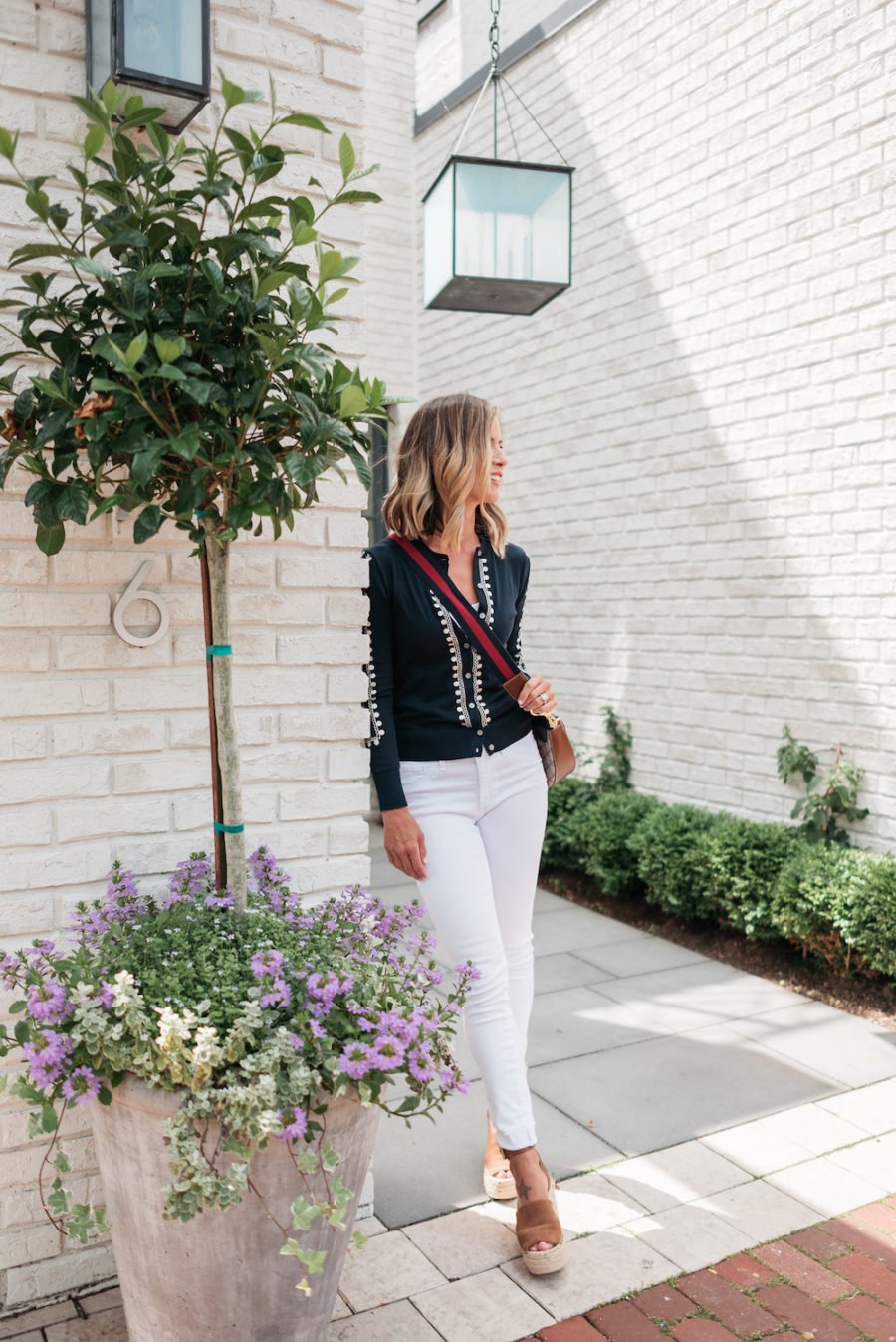 White denim, cardigan, espadrilles, and cross body bag