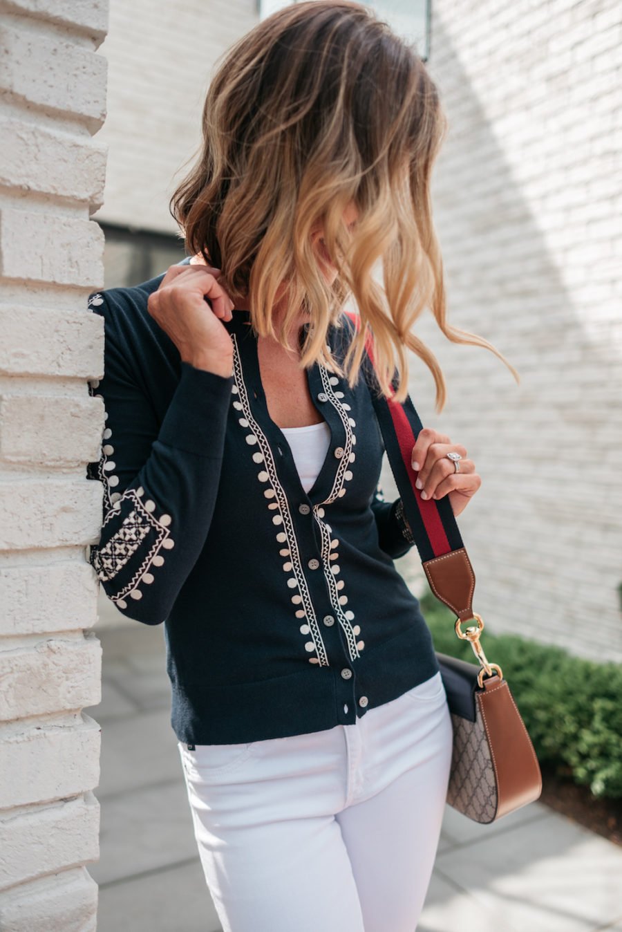 White denim, cardigan, espadrilles, and cross body bag