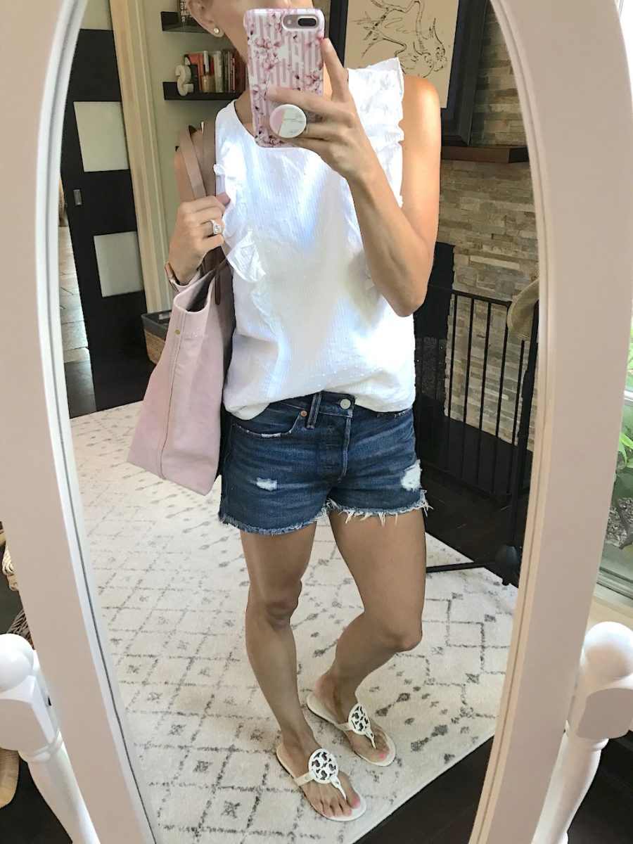 #ootd round up, ruffle tank, denim shorts, tote, and sandals