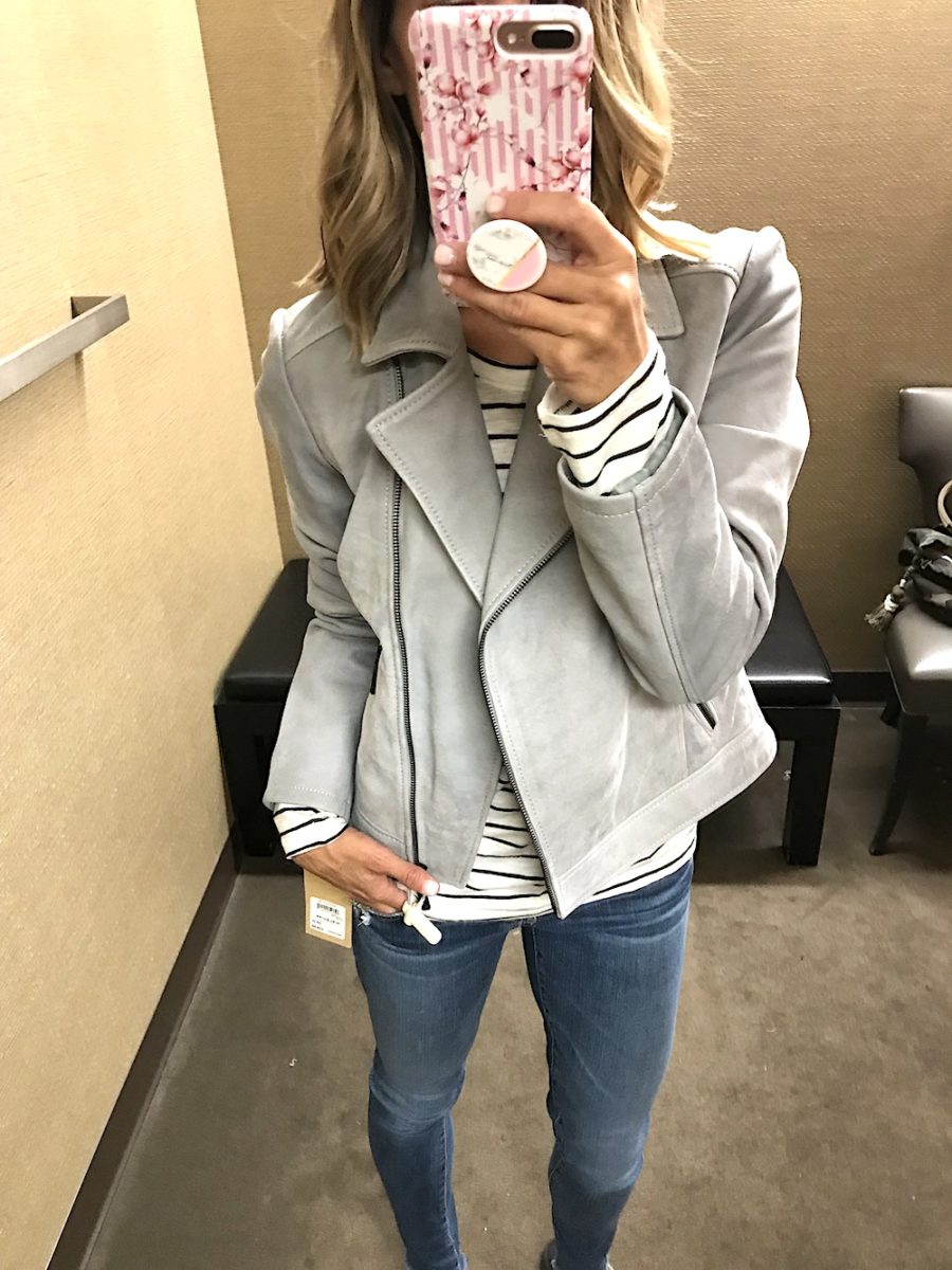 Casual try on, Suede jacket, striped tee, jeans