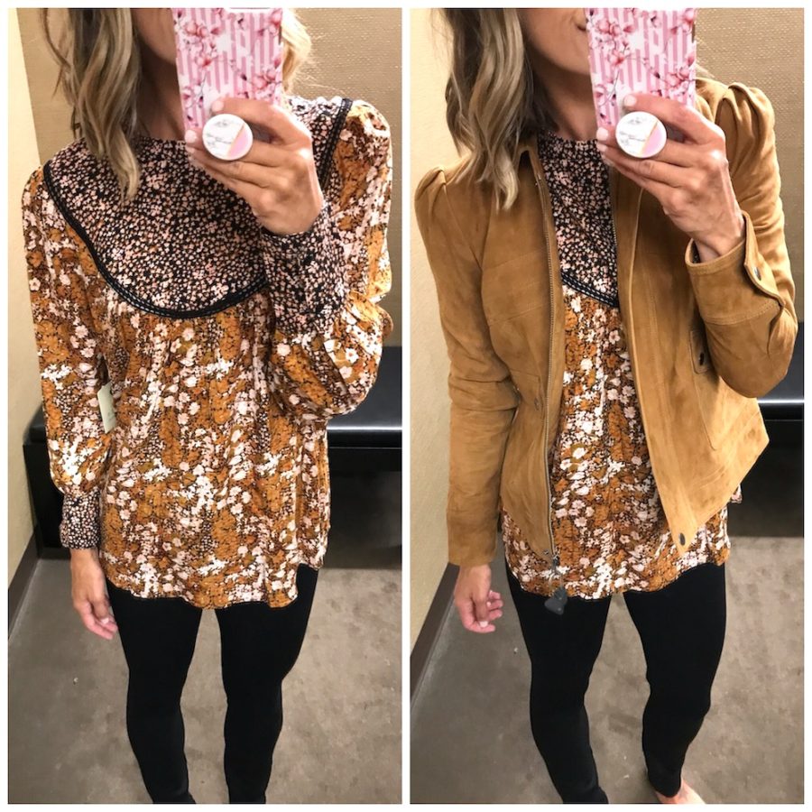 Floral top and suede jacket, casual try on