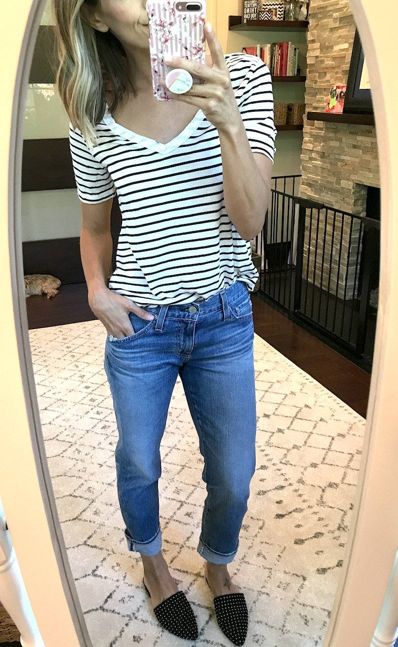 My haul, tee, denim, and mules