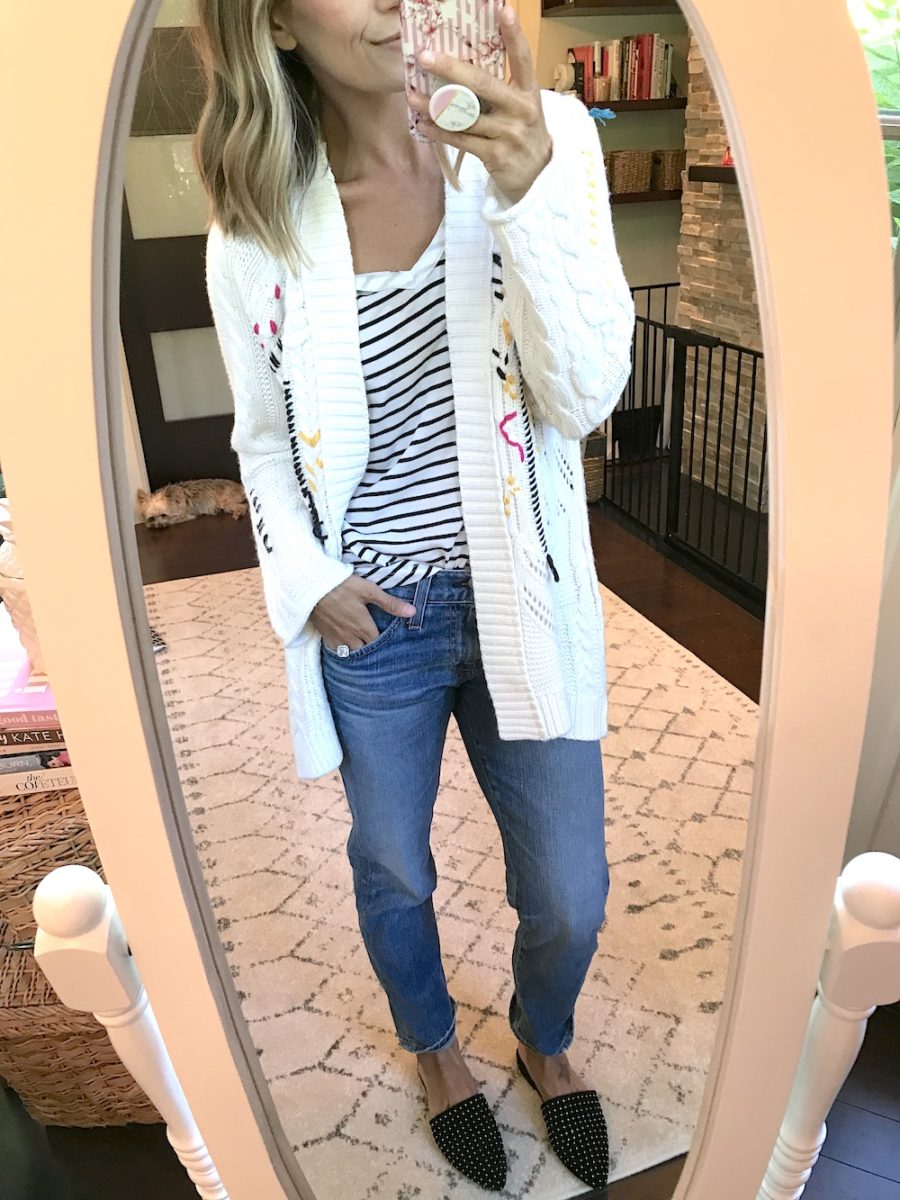 My haul, tee, cardigan, denim, and mules