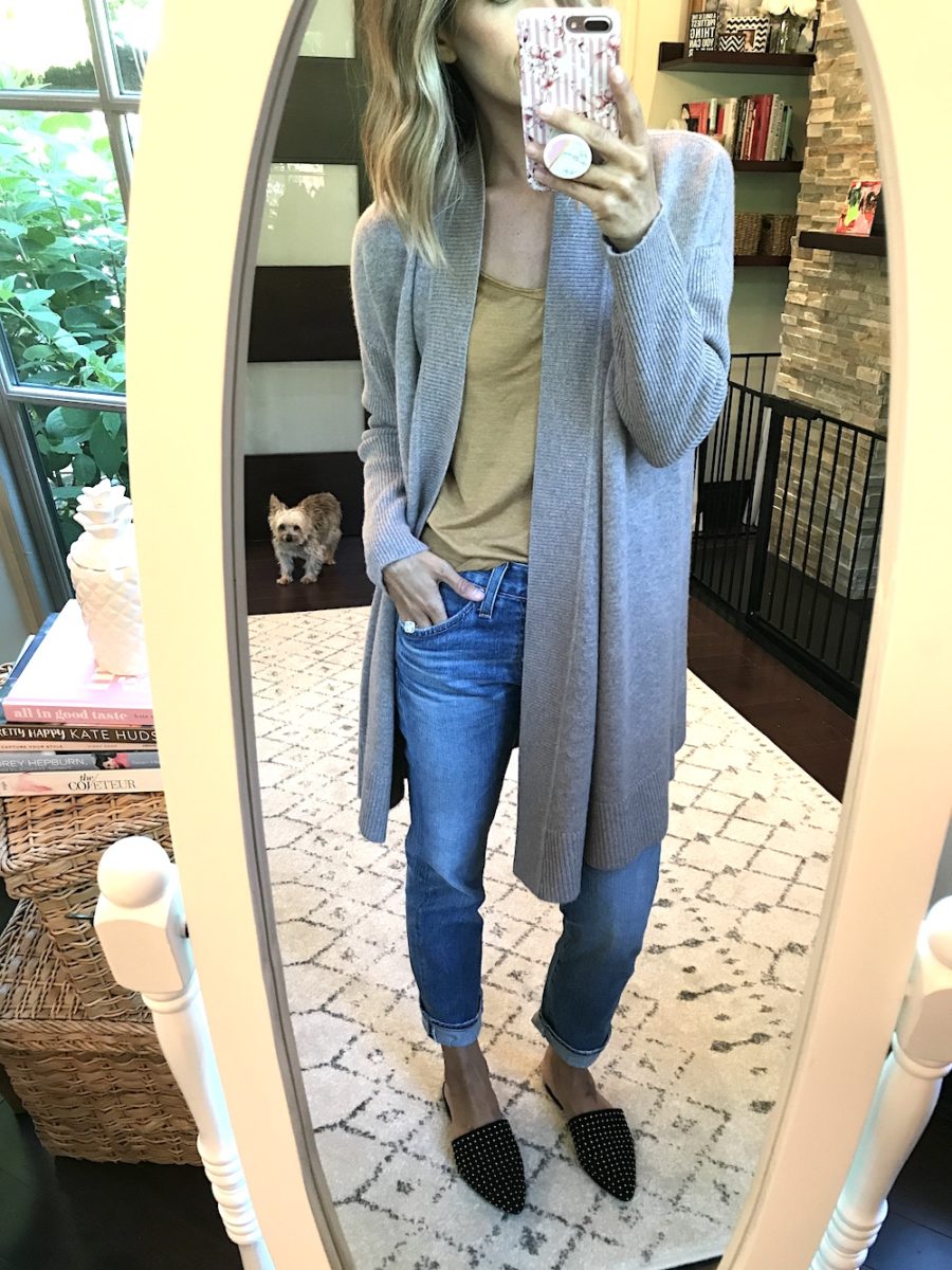 My haul, cardigan, tee, denim, and mules
