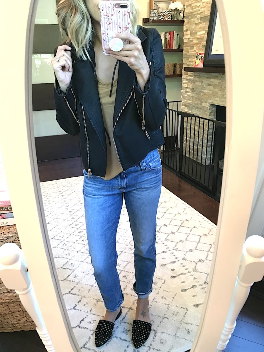 My haul, moto jacket, tee, denim, and mules
