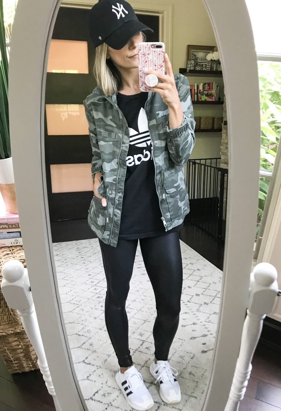 Adidas tee, camo jacket, faux leather leggings, Adidas sneakers