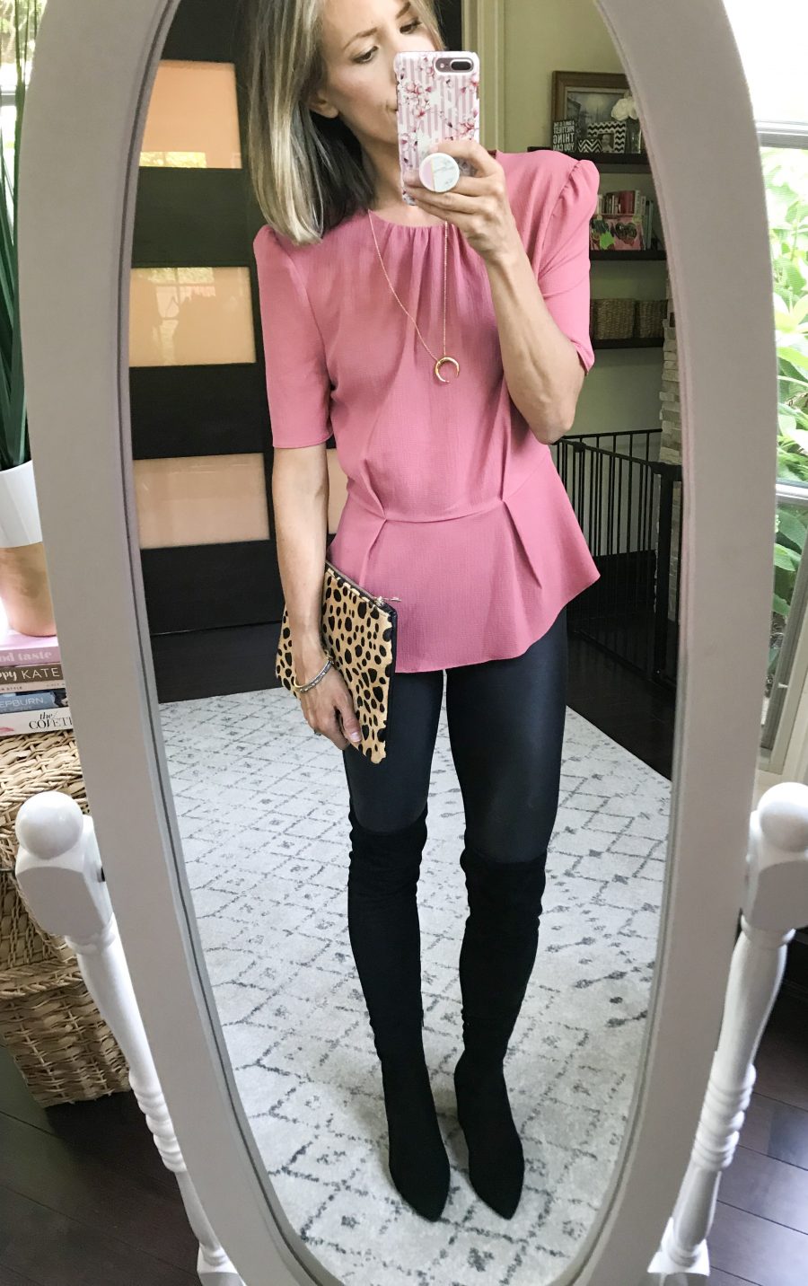 Peplum top, faux leather leggings, over the knee boots, leopard clutch
