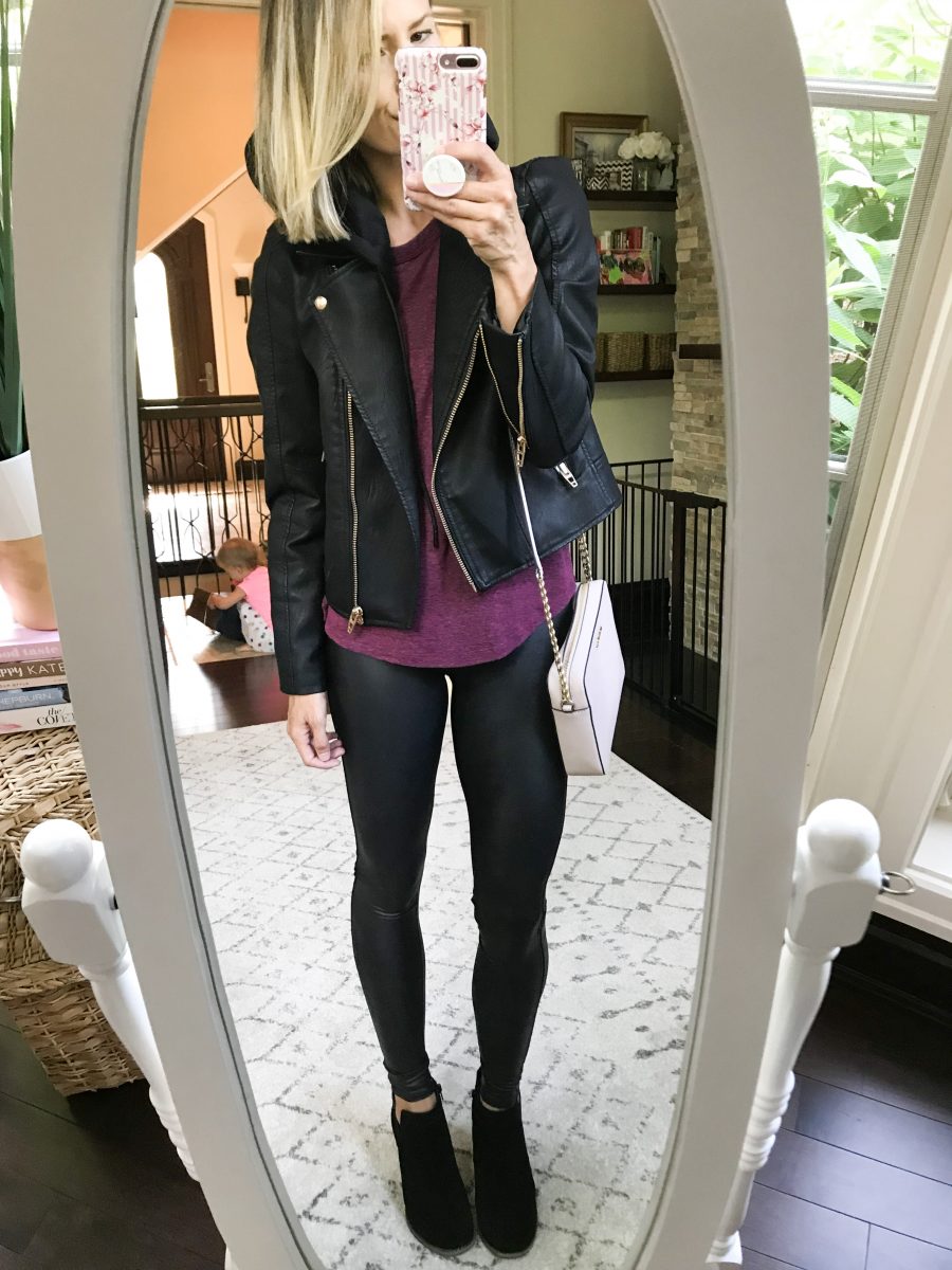 Tee, moto jacket, faux leather leggings, booties
