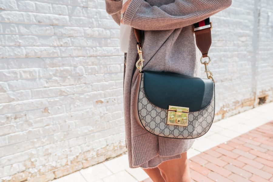 Summer layers: cardigan, white blouse, denim shorts, Gucci belt, crossbody bag, sandals