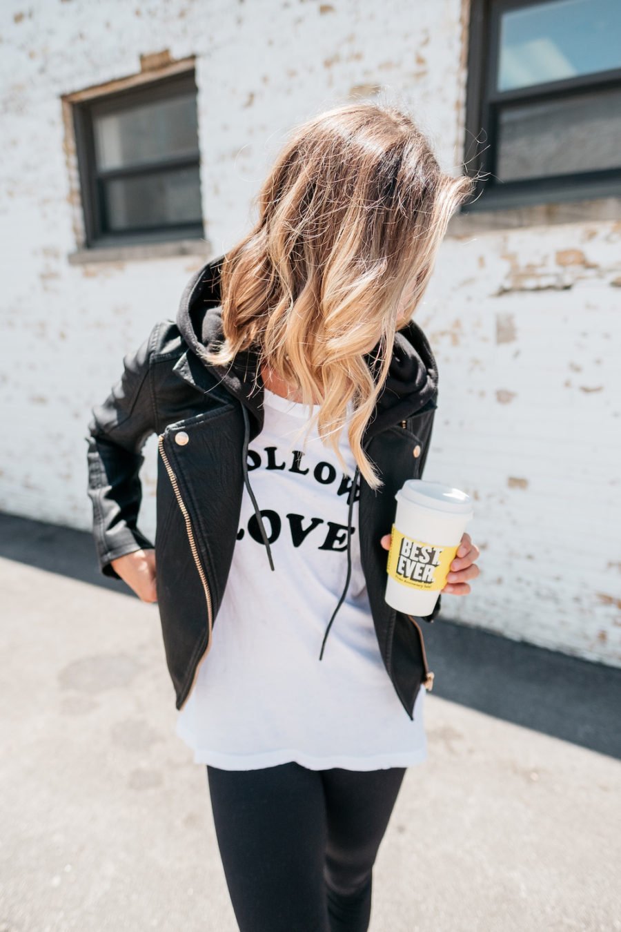 Graphic tee, leggings, moto jacket