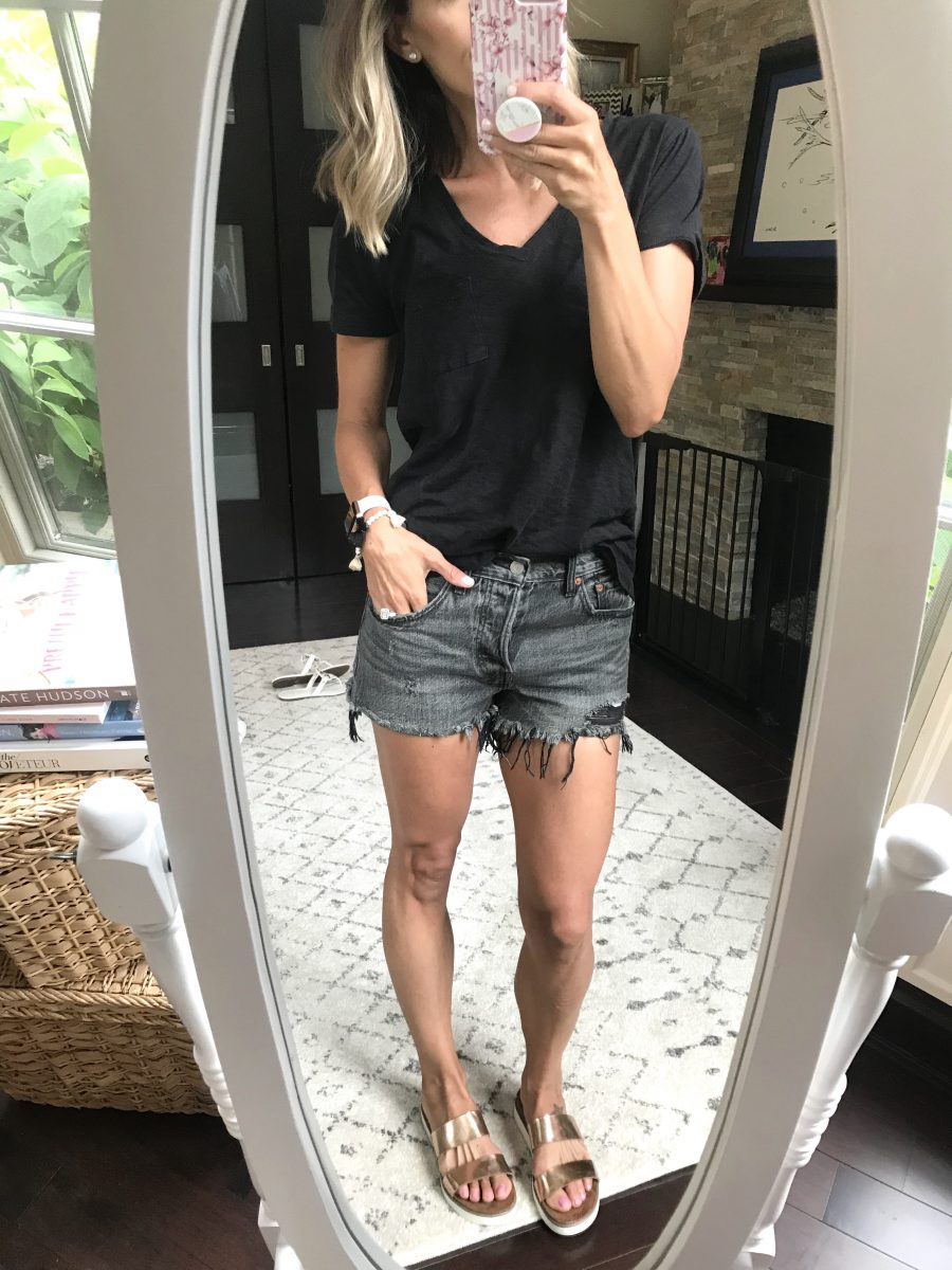 #ootd, black tee, black cut off shorts, and sandals