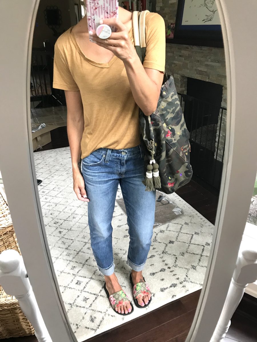 #ootd, tee, denim jeans, and slides