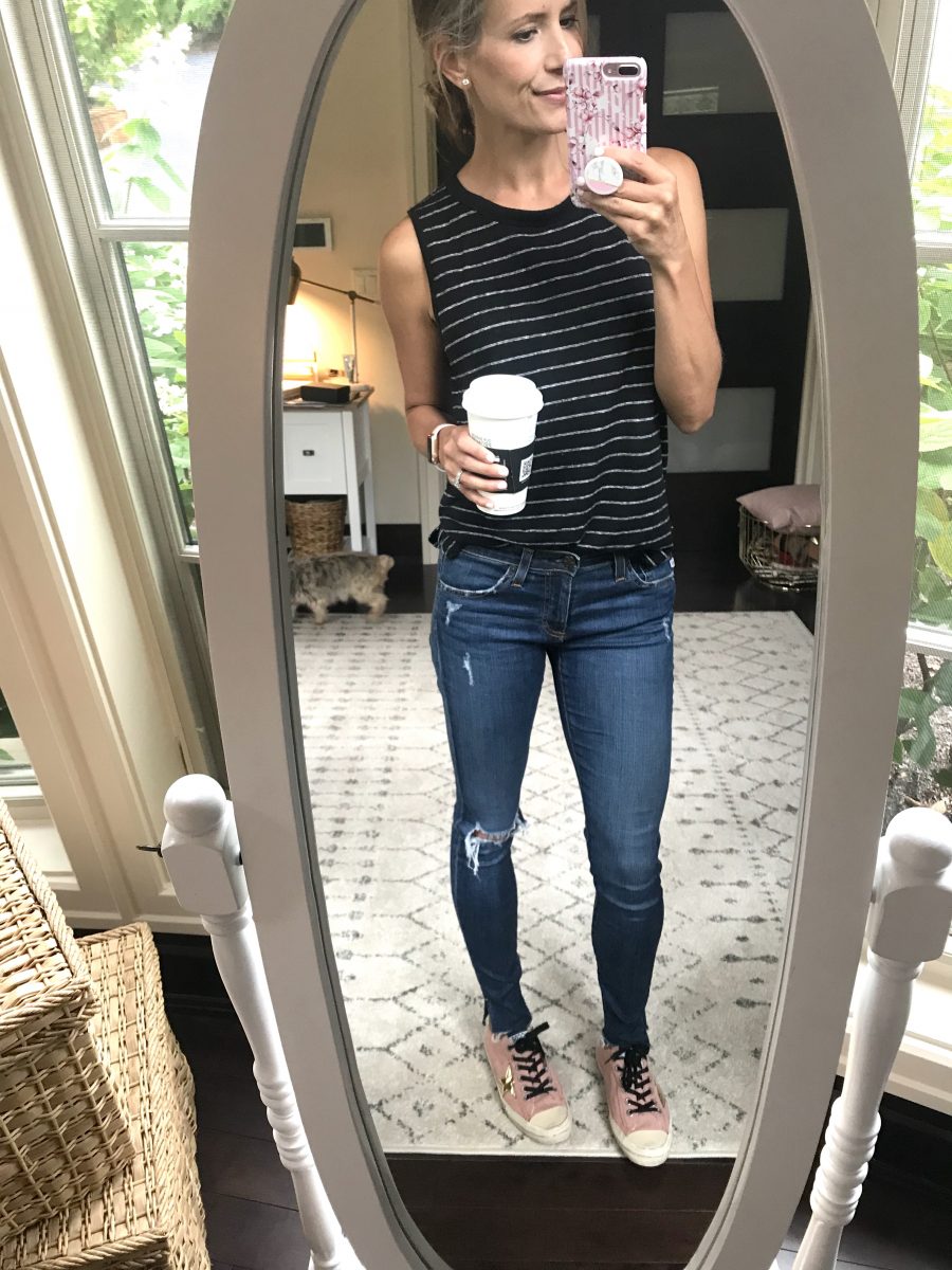 #ootd, tank, denim, and Golden Goose sneakers