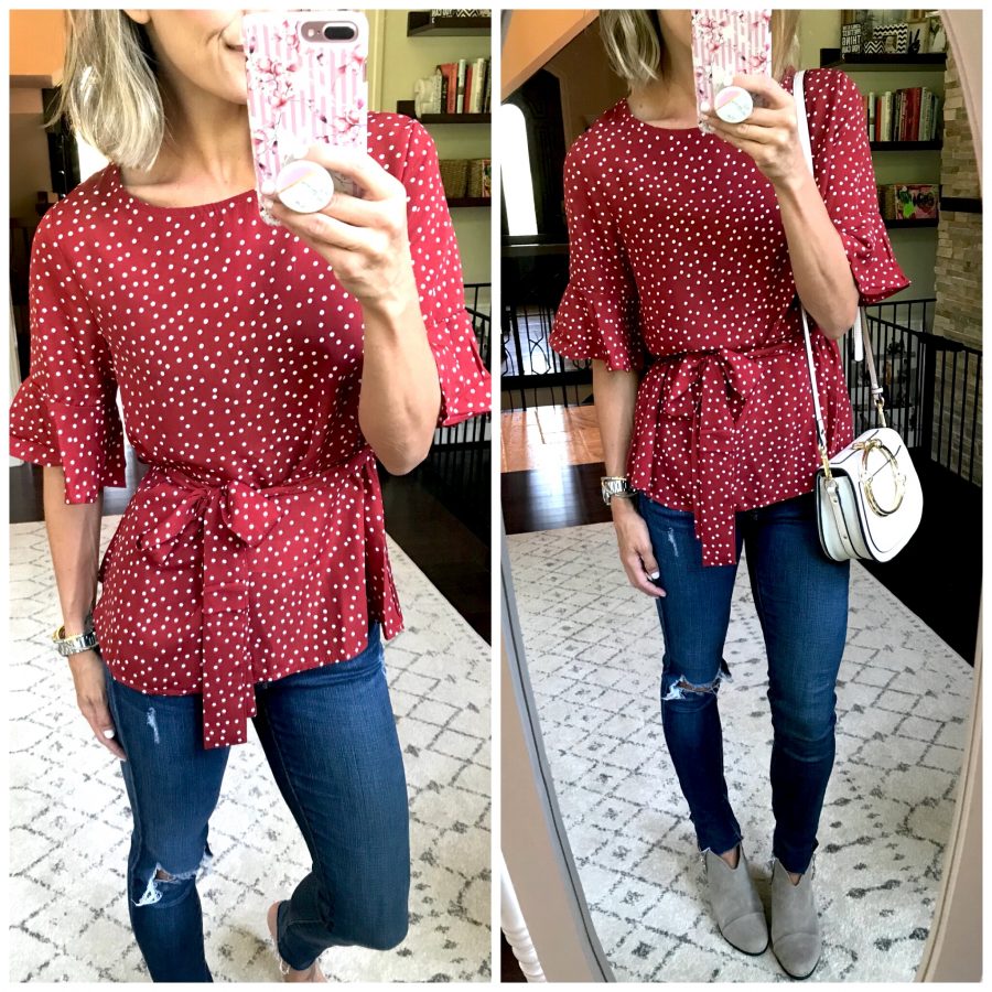 Shein haul, polka dot top, Chloe dupe bag, denim, and booties