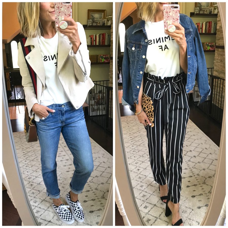 Shein haul, Feminist AF tee, denim, paperbag pants, vans, sandals, denim jacket