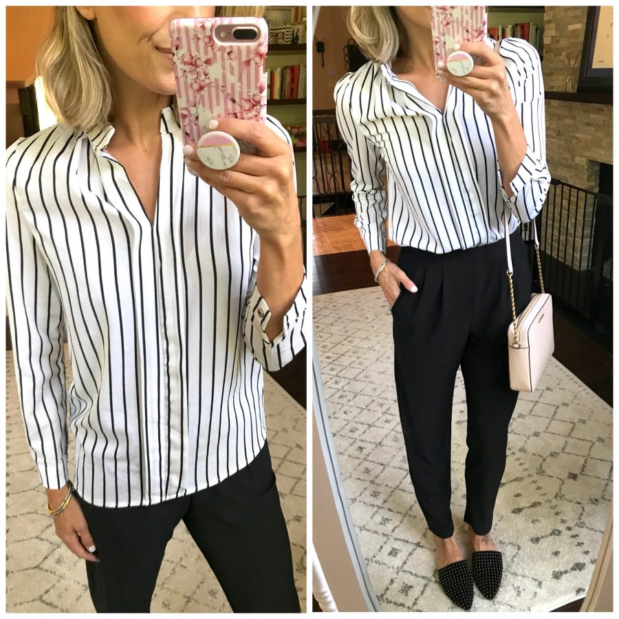 Shein haul, striped top, black pants, mules