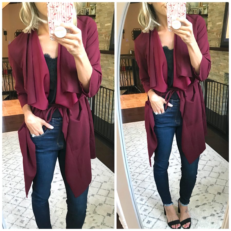 Waterfall wrap coat, denim, lace cami, and heels