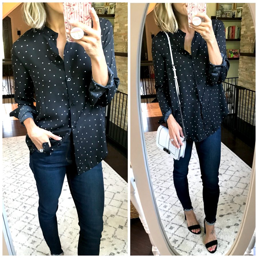Shein haul, polka dot top, denim, and heels